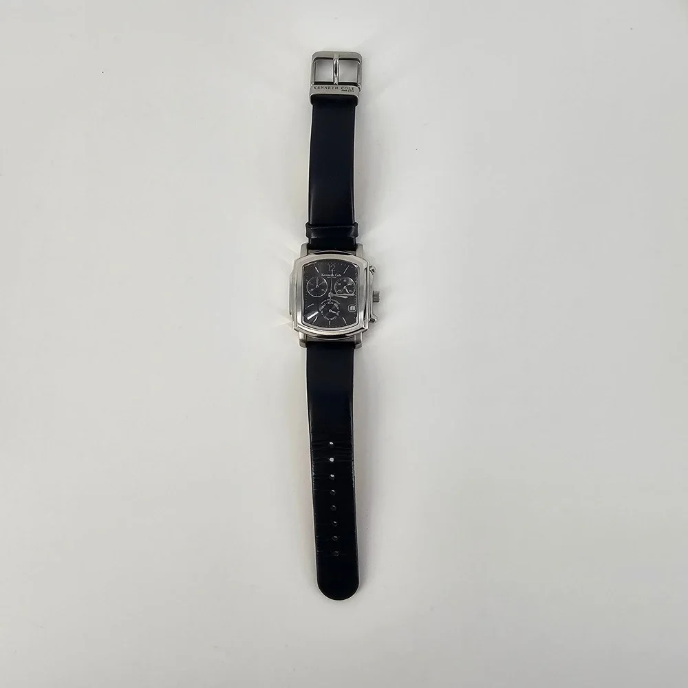 Kenneth Cole Watch Mens Black Leather Square Chronograph Dressy Modern Stainless